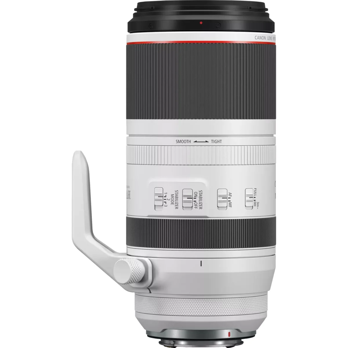 Canon RF 100 500mm F4.5 7.1L IS USM Lens Side View with Tripod