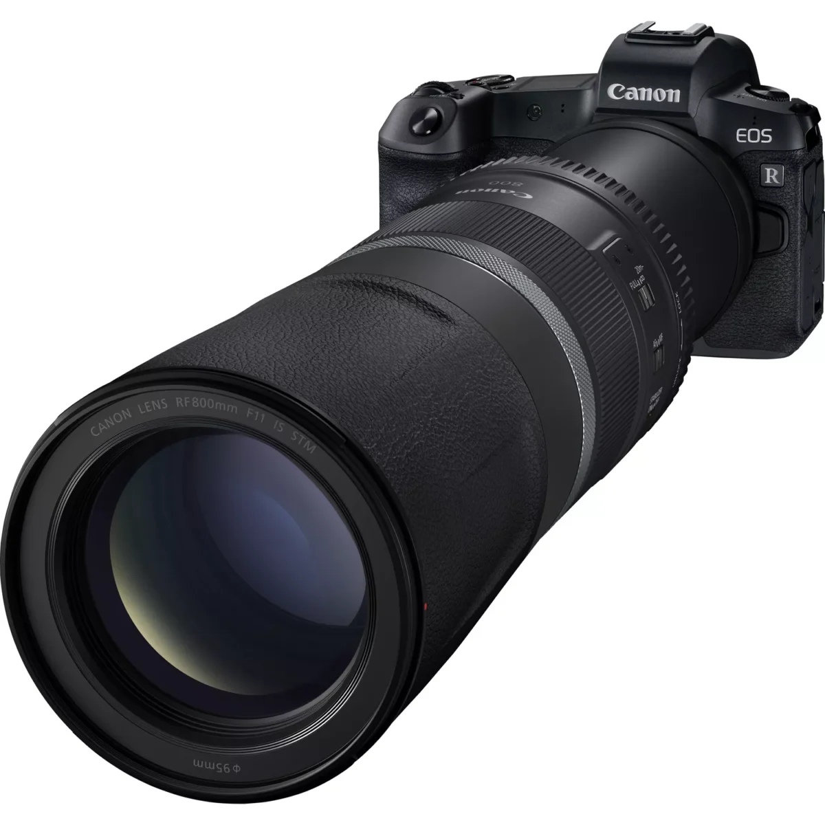 canon rf 800mm f11 is stm lens product diagonal view of the extended lens with a camera