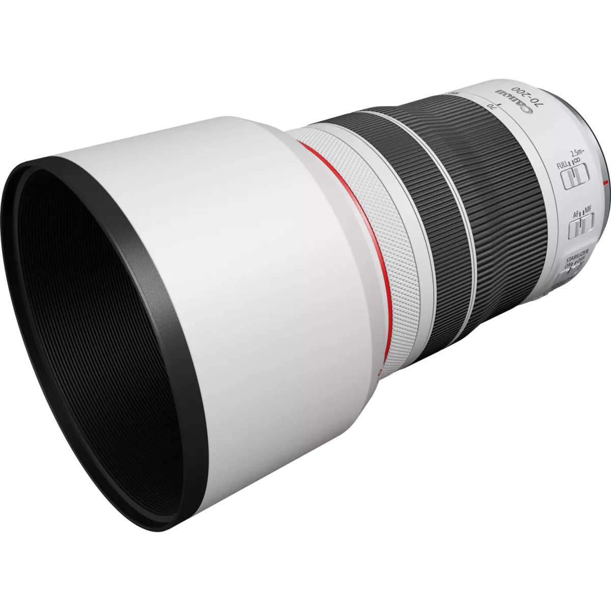 Canon RF 70 200mm F4L IS USM Lens Side View Extended With Hood