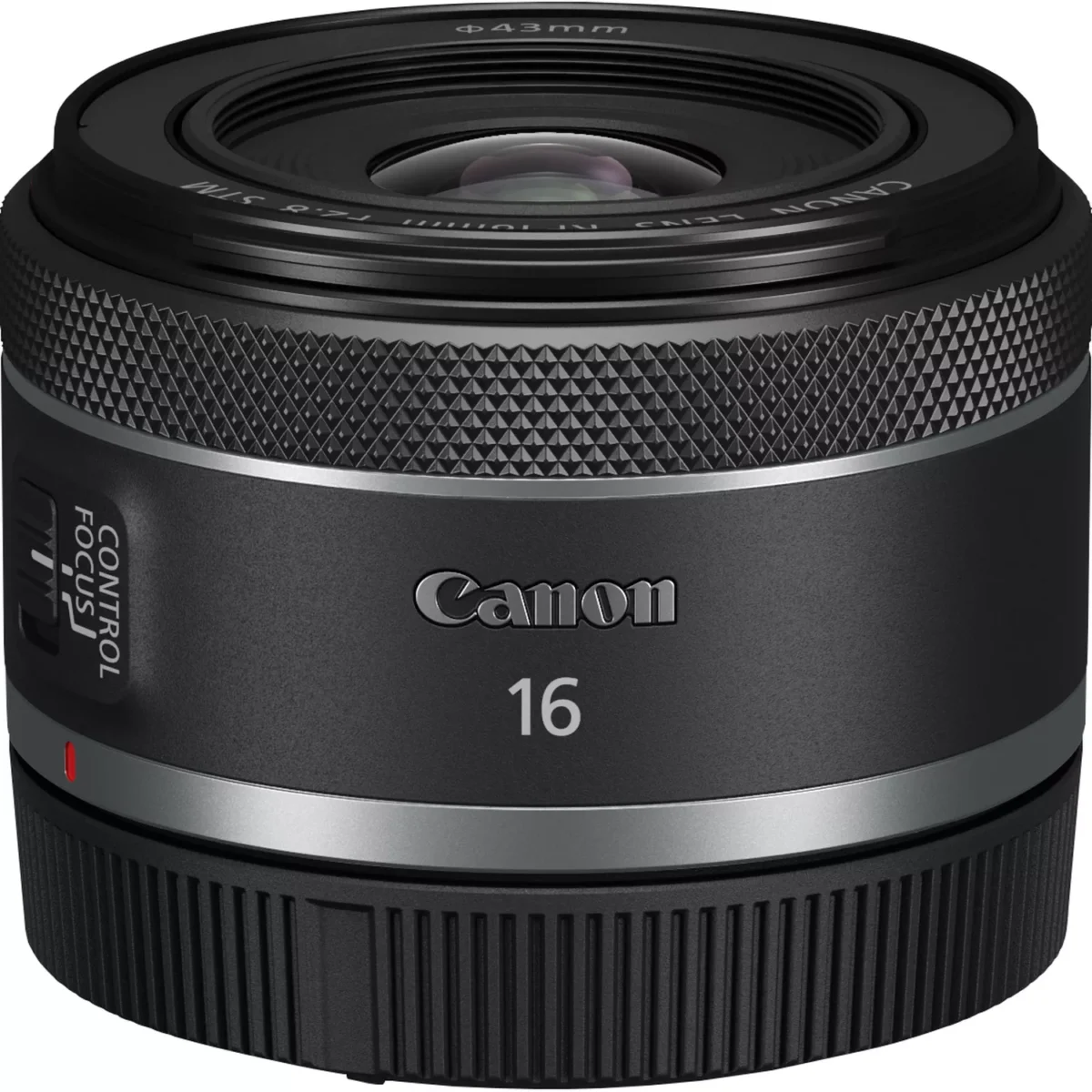 Canon RF 16mm F2.8 STM Lens slanted front view with rear cap