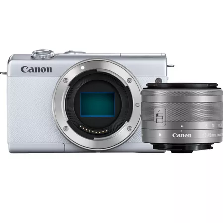 canon eos m200 body white ef m 15 45mm silver product front view of the camera body and lens